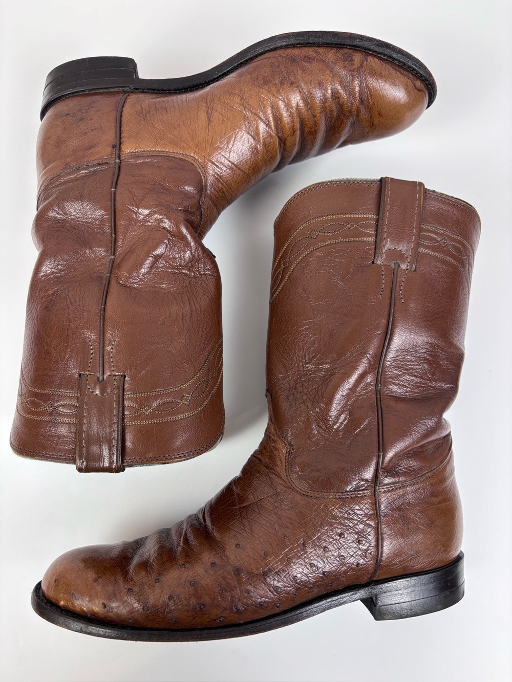 Vintage Justin Boots Smooth Quill Ostrich Leather Western Roper Cowboy Brown 9B - Picture 9 of 14